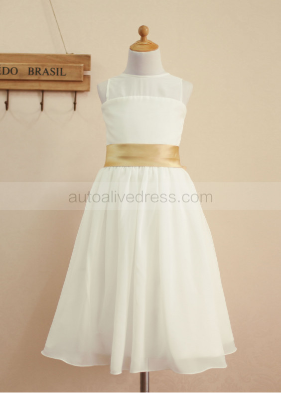 Sheer Neck Ivory Chiffon Wedding Flower Girl Dress